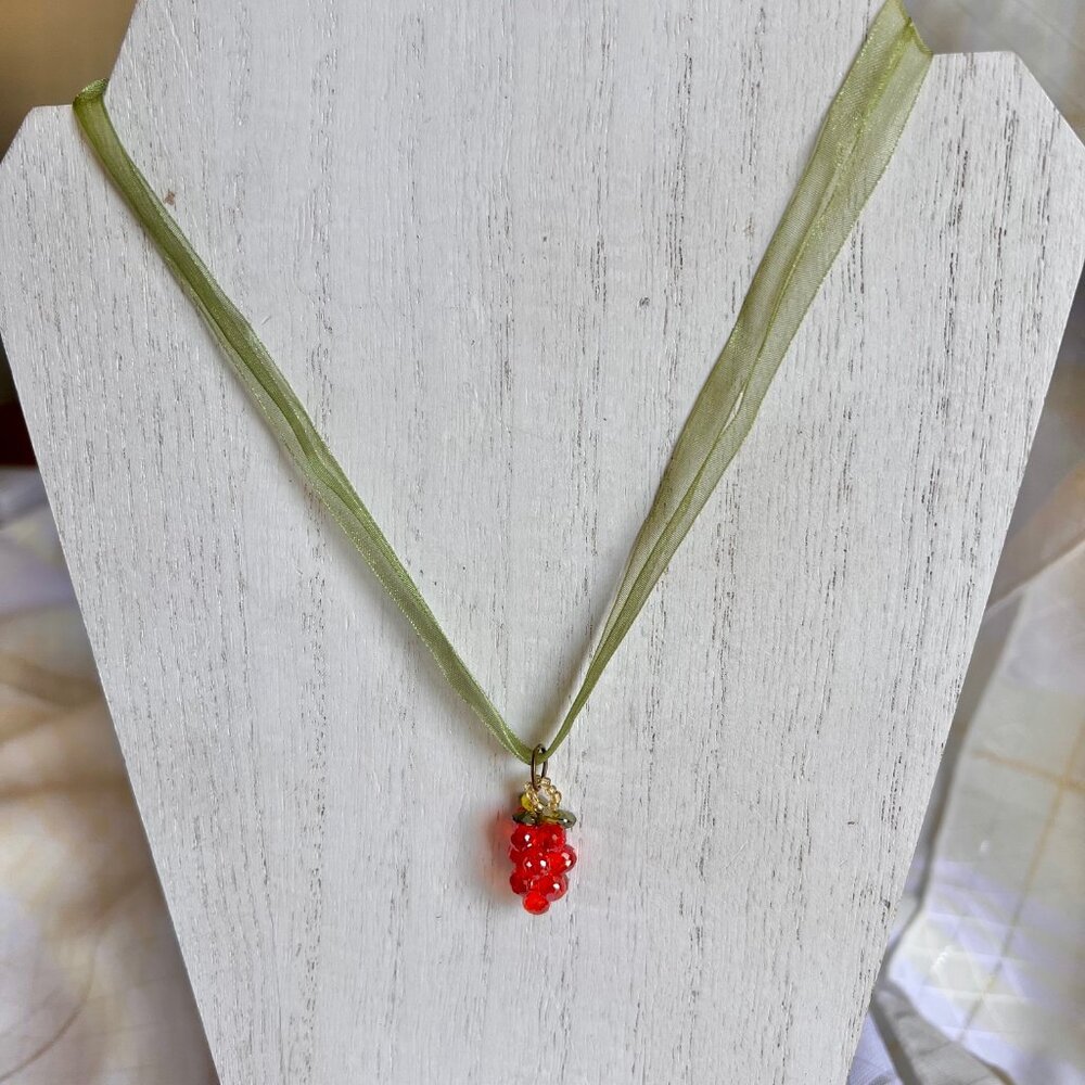 Vintage Crystal Grapes Cluster Pendant Ribbon Necklace